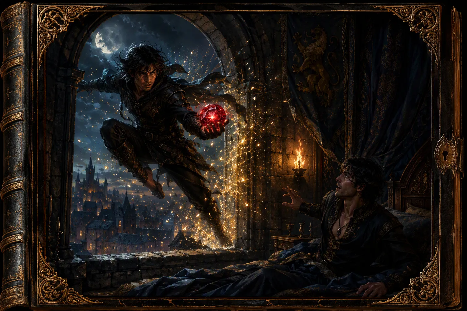 Ilustração do Livro Ladrão Skyrim mostrando o ladrão Eslaf Erol saltando da janela da torre com uma gema vermelha brilhante enquanto seu irmão gêmeo Suoibud acorda surpreso.